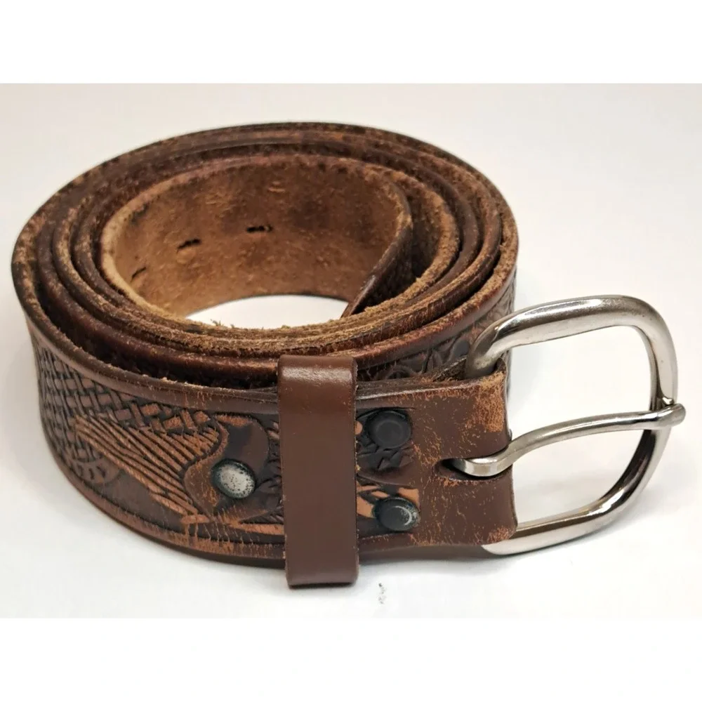Vintage Tooled Leather Belt Bald Eagle KM627 Men's XL Patriotic‎ USA Biker Brown
